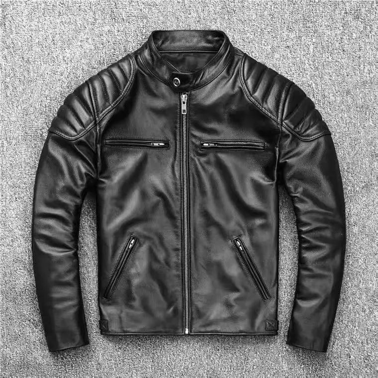 Autumn Winter Youth Mens Cowhide Texture Faux Leather Stand Collar Biker Jacket Retro Color Block Daily Street Casual Outer Coat