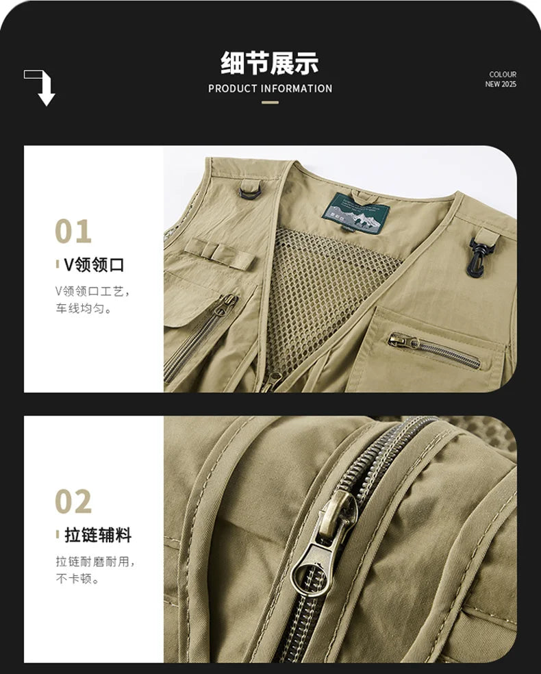 Mesh Men's Fishing Vest Multi Zip Pocket Hiking Waistcoat Male Light Thin Outdoor Sleeveless Jacket Work Summer Travel Plus Size