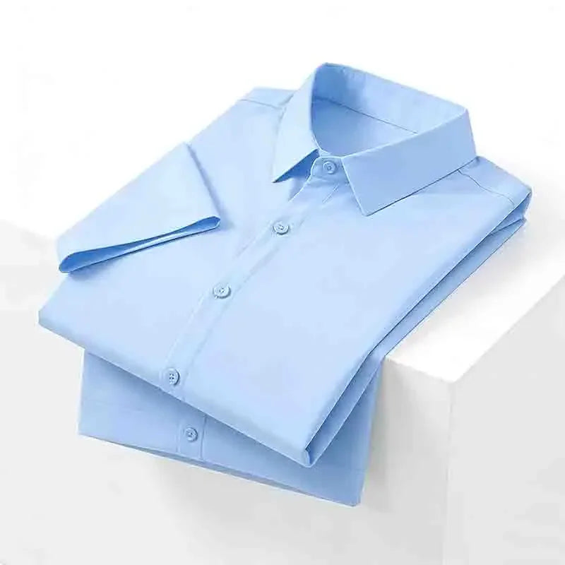 Casual Light Blue Short Sleeve Button Up Shirt for Men Versatile Collared Dress Shirt for Spring & Summer
