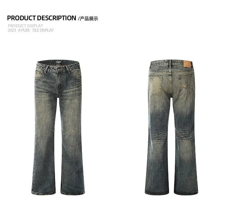 Mens Vintage Washed Distressed Loose Flare Denim Jeans