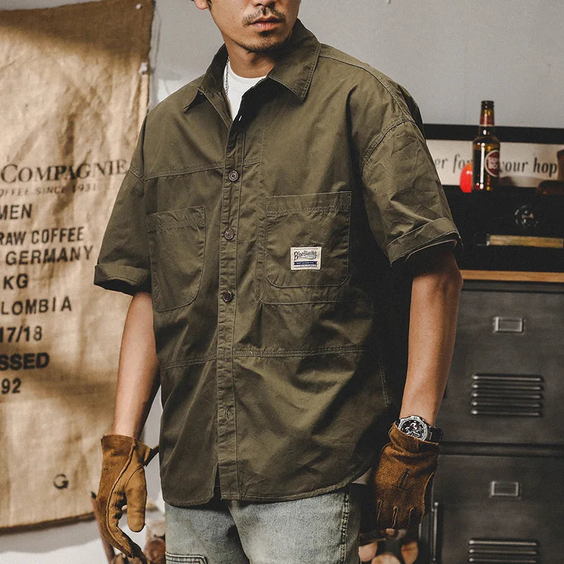 Men's Retro Short Sleeve Shirts Cotton Shirt Japanese Casual Loose Fit Thin Breathable Plus Size Shirts for Men Summer Workwear