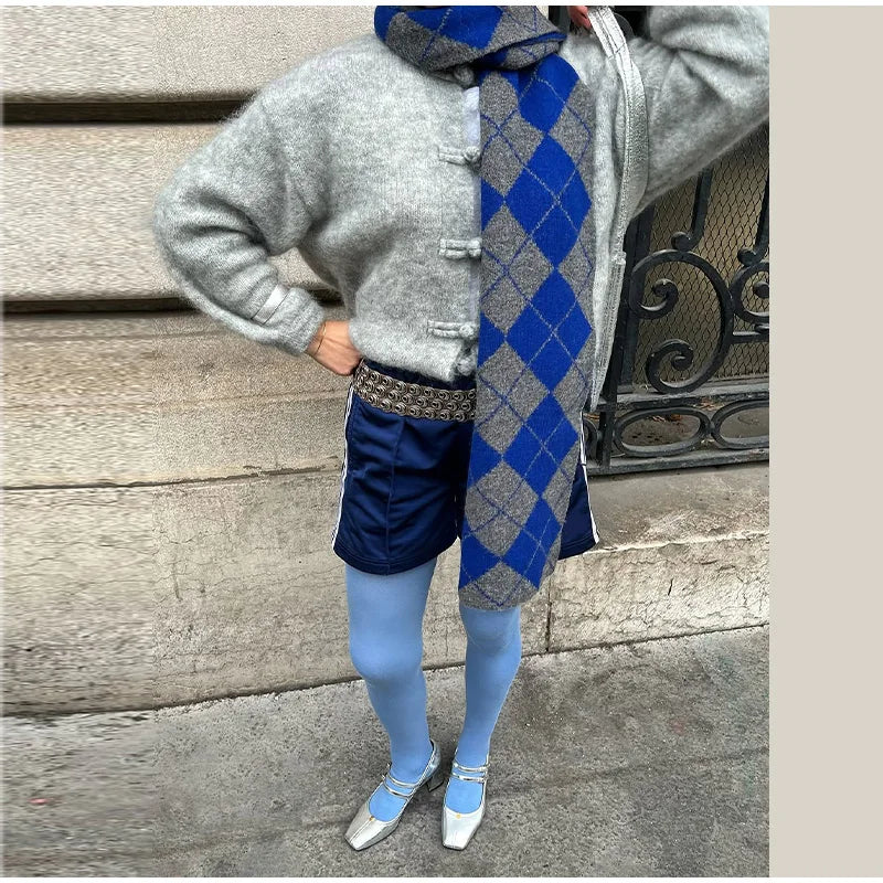 Elegant Knitted Print Women's Cardigan Loose Full Sleeve Stand Collar Zipper Sweaters Female 2026 Autumn Outwear Pockets Lady