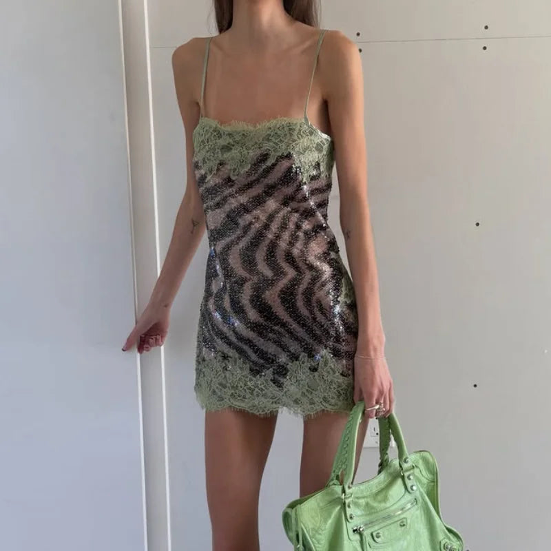 Sexy Sequin Lace Trim Patchwork Short Dress Women V Neck Sleeveless High Waist Mini Sling Dresses 2026 Summer Vacation Lady Robe