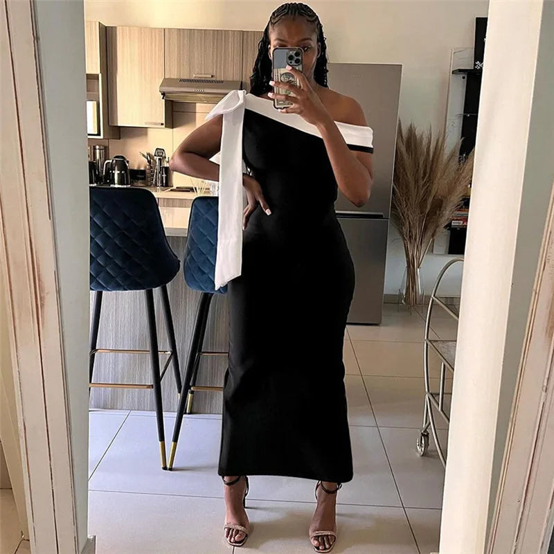 Tuularose Summer Bandage Long Dress Women's Elegant One Shoulder Bow Tie Slim Evening Dress Sexy Patchwork Party Dress Y2k 2025