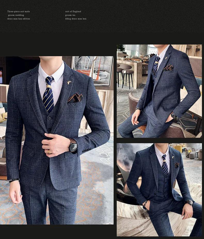 S-7XL ( Blazer + Vest + Pants ) Striped Plaid Solid Color Mens Formal Business Suit 3Pcs Set Groom Wedding Social Show Dress
