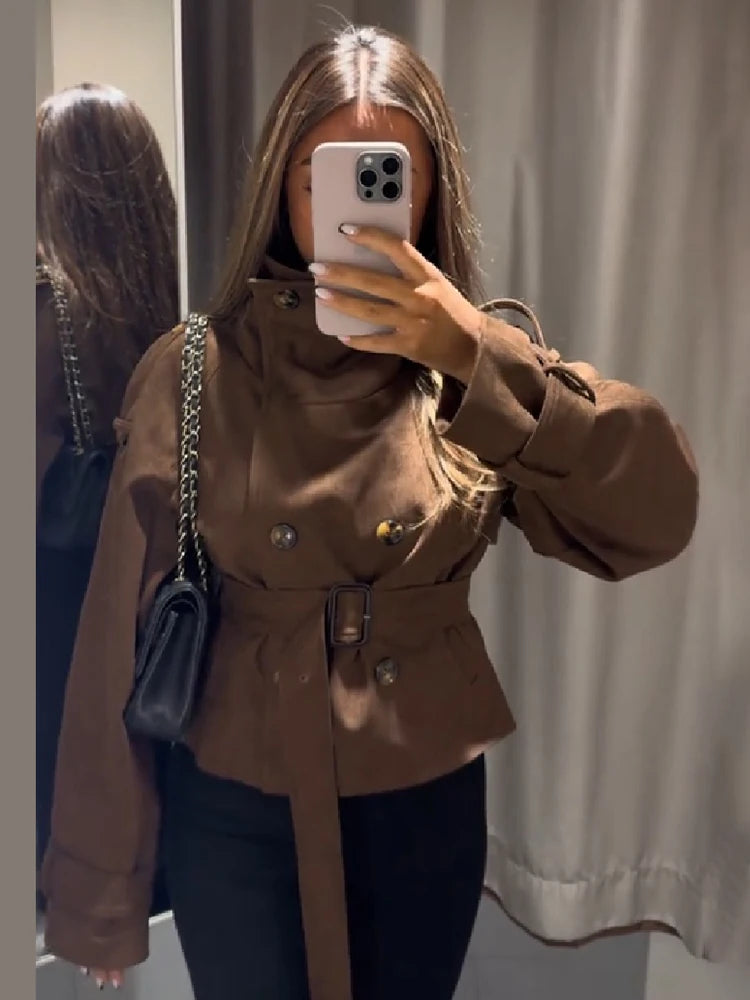 Women Vintage Cropped Coat Stand Collar Waist Slim Belt Double-breasted Jacket 2026 Autumn Winter Commute Office Party Outerwear
