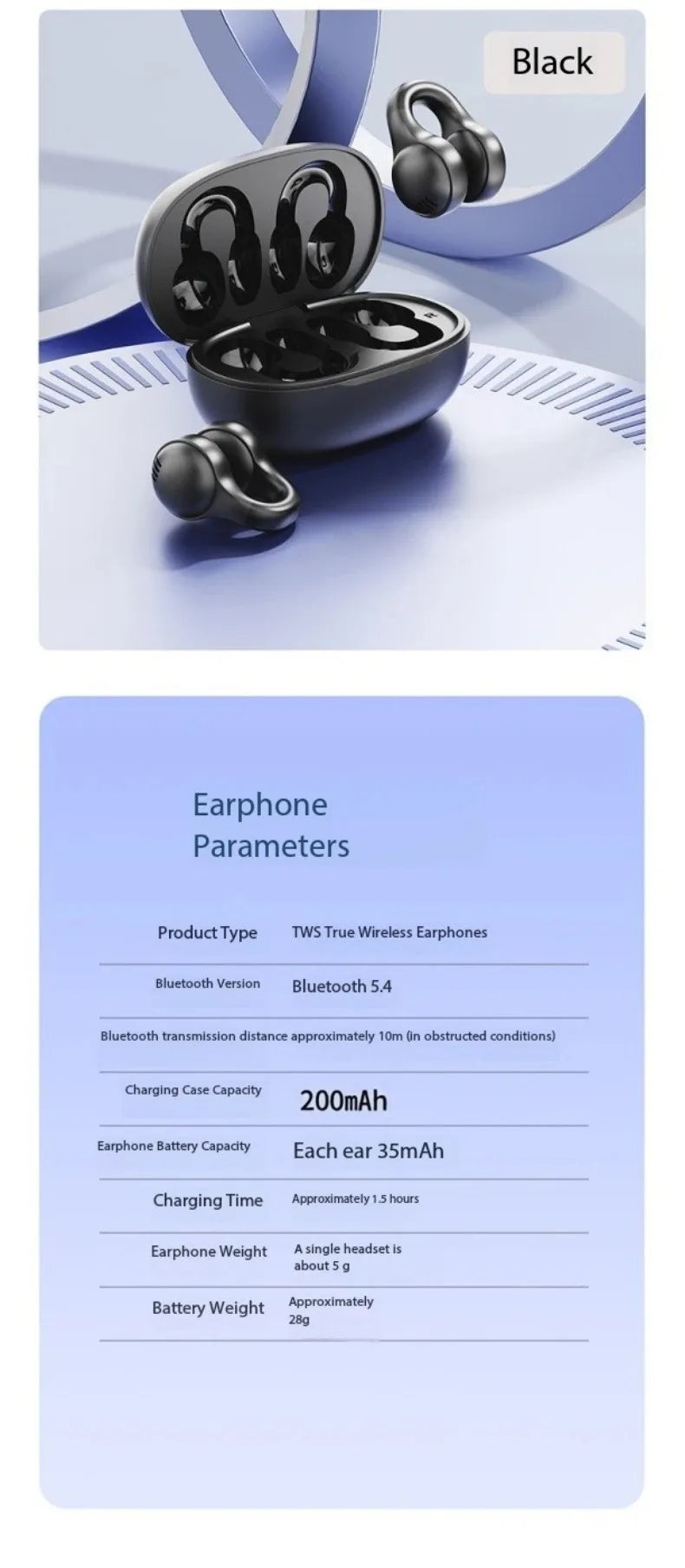 Digital Display Ows Ear Clip Wireless Bluetooth 5.4 Headphones with Noise Reduction for Sports Music New Mirror-Style Headphones