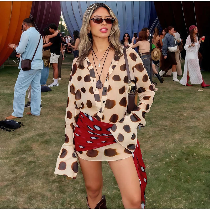 Sexy Printed Polka Dot Dress Retro Sheer Turn-down Collar Button Detachable Scarf Robe 2026 Summer Chic Y2k Women Casual Dresses