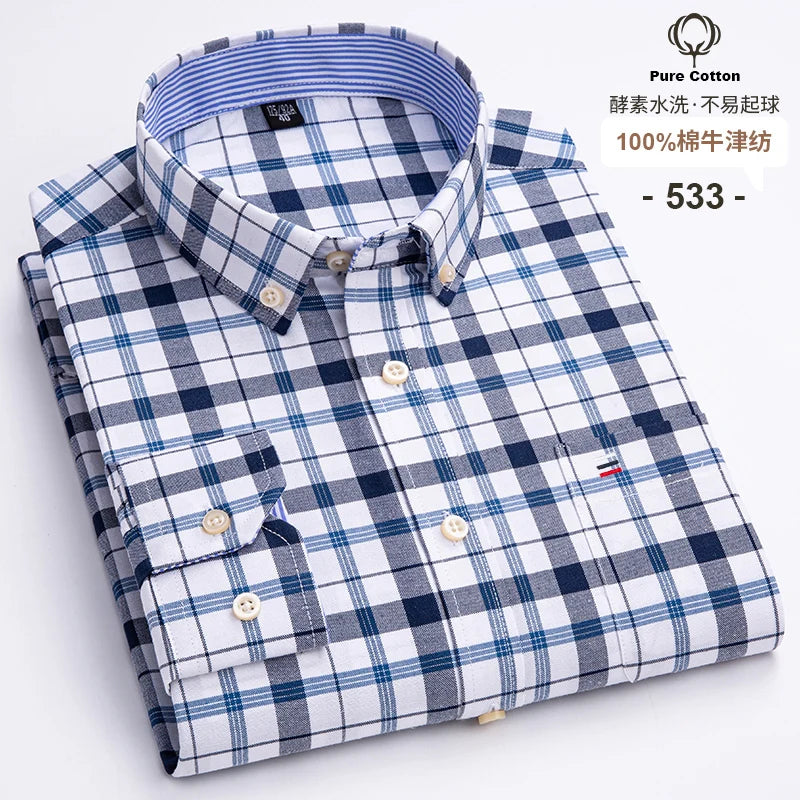 2024 Fashion Men Work Business Brand Shirt Mens Plaid Cotton Casual Dress Shirts Slim Fit Long Sleeve Button Down  Chemise Homme