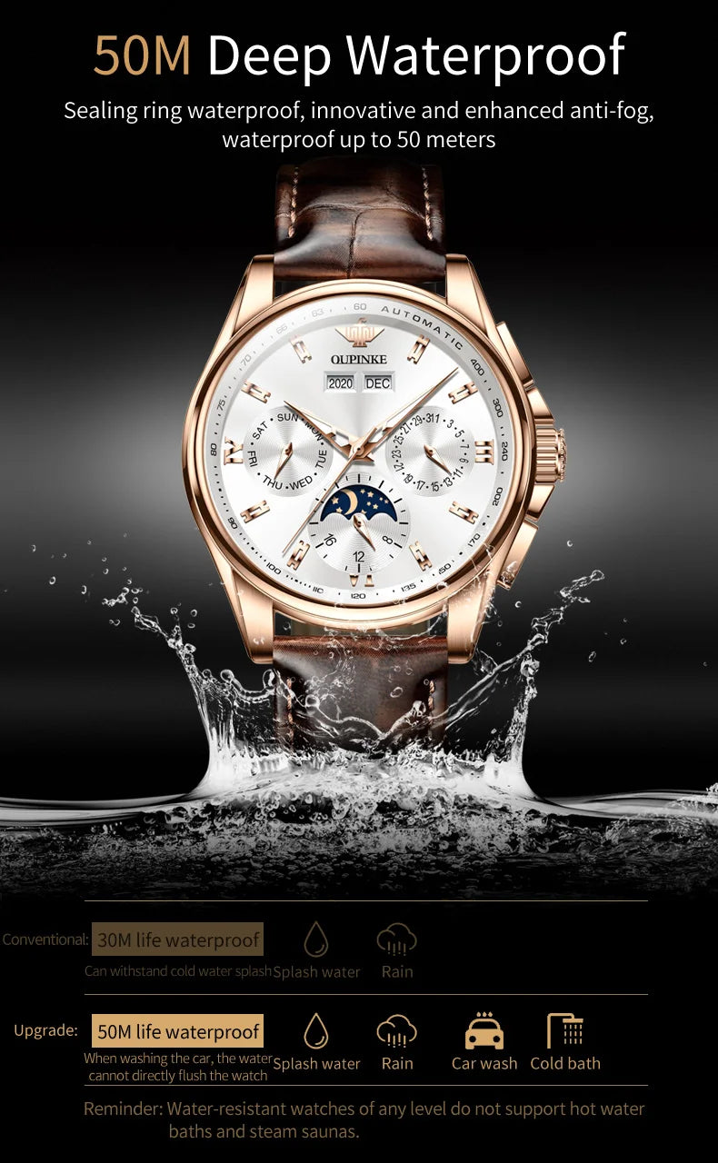 OUPINKE Top Men's Automatic Mechanical Wrist Watch Leather Strap Luxury Business Multi functional Lunar Phase Dial Reloj Hombre