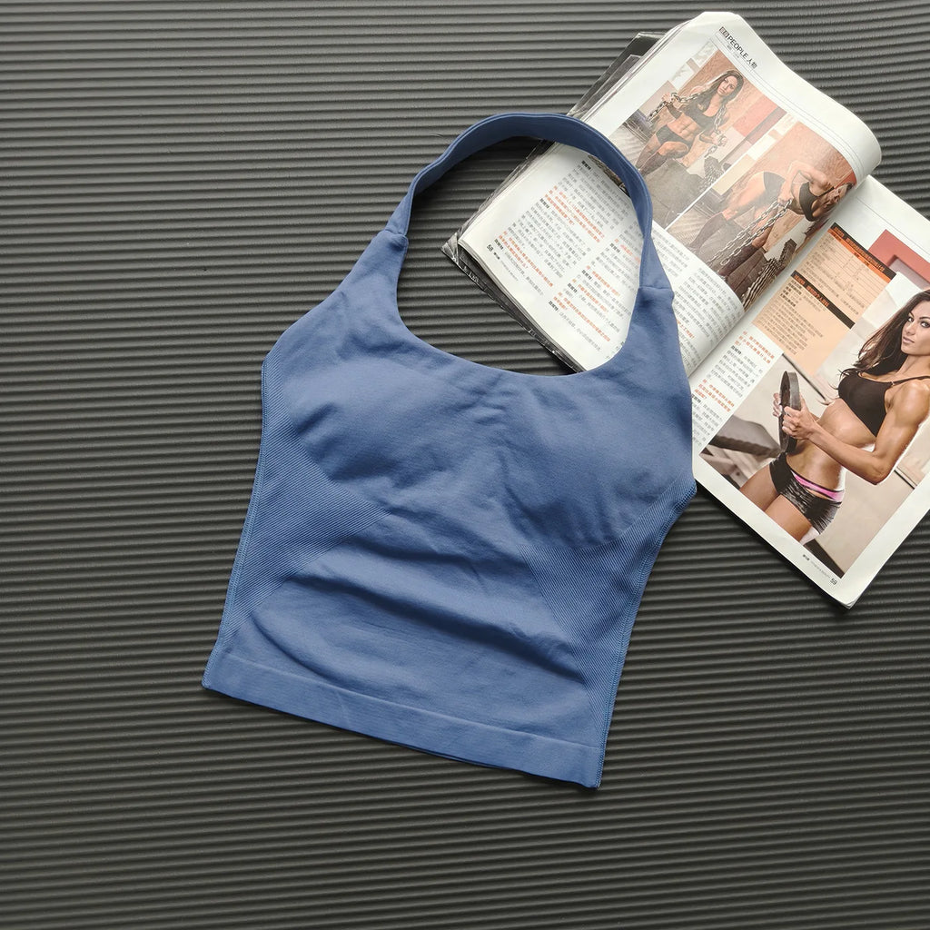 1DF-CY Women Seamless Halter Yoga Crop Top High Elastic Sports Bra Fitness Workout Gym Running Breathable Activewear Tank Top