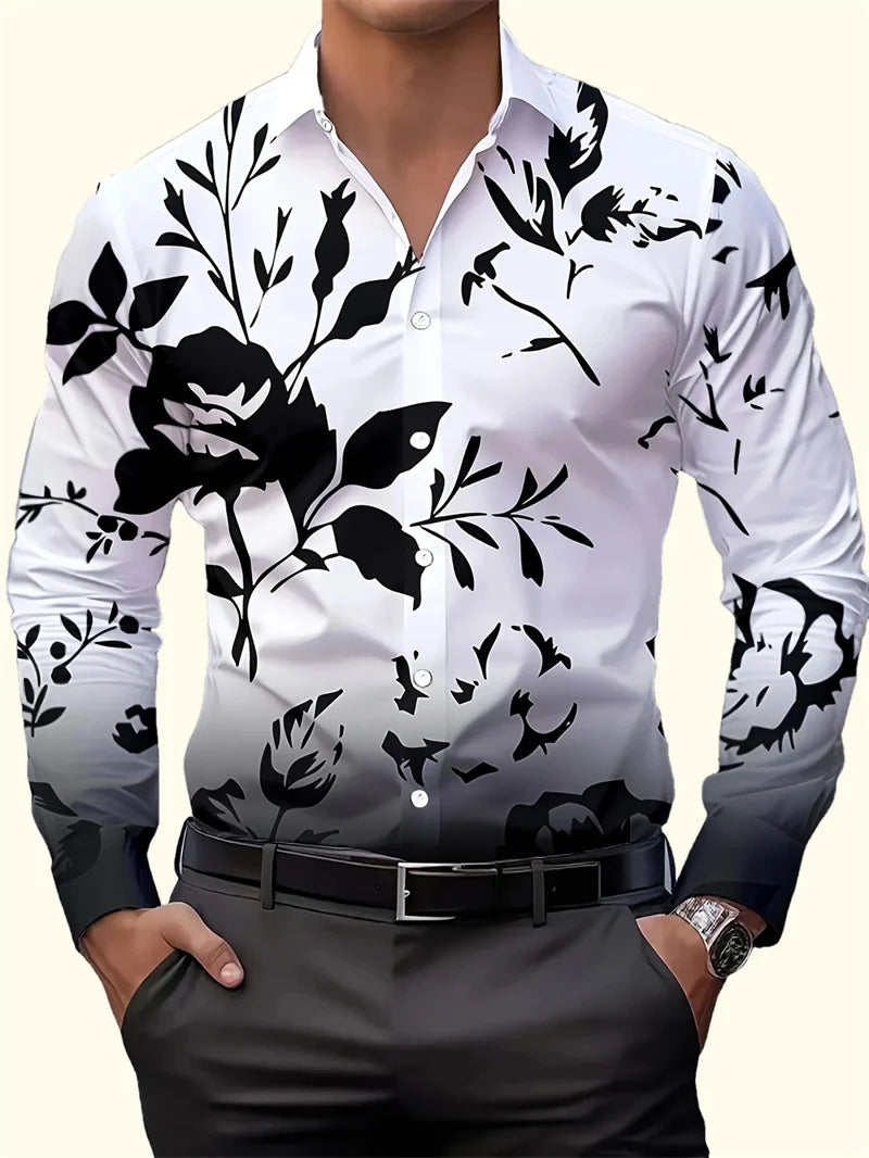 2025 men's printed casual shirt with breathable long sleeves and lead buttons suitable for spring and autumn