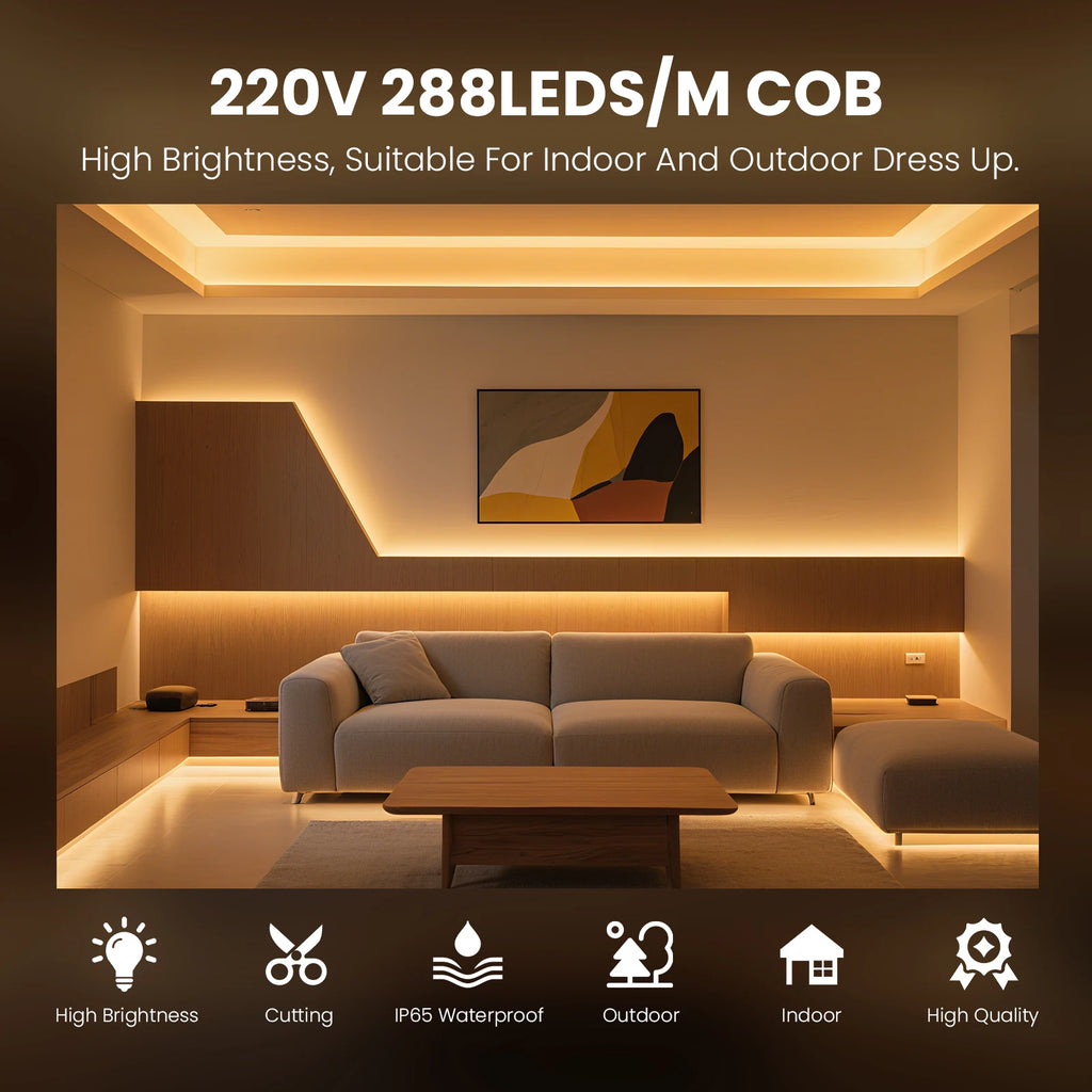 1-20M 220V COB LED Strip 288LEDs/m Outdoor IP65 Waterproof Switch/Dimmable LED Tape Ribbon Neon Lights For Kitchen Room 10 Color