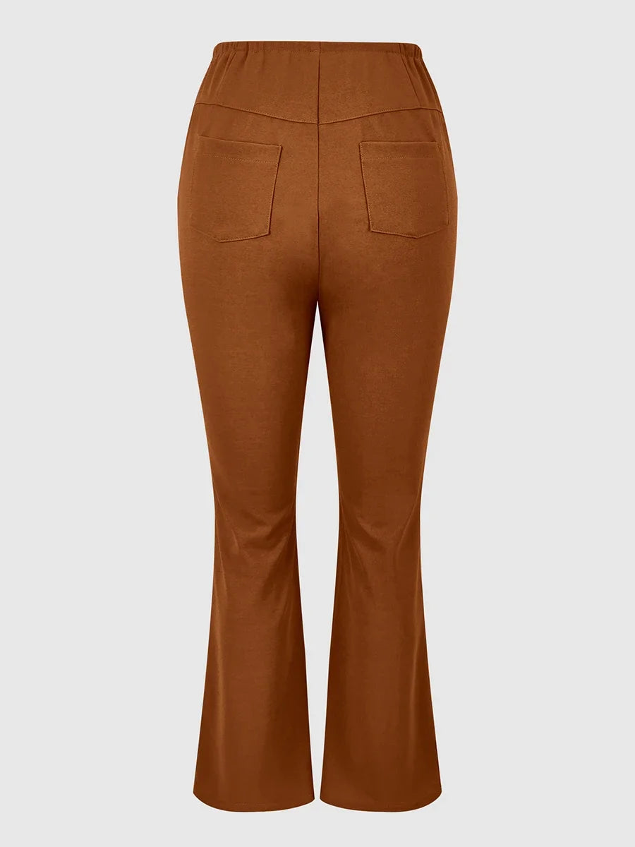 Women Chic Casual Low Waist Brown Flare Pants Slim Fit Y2K Bootcut Trousers Fashion Solid Pockets Streetwear Autumn Stretch