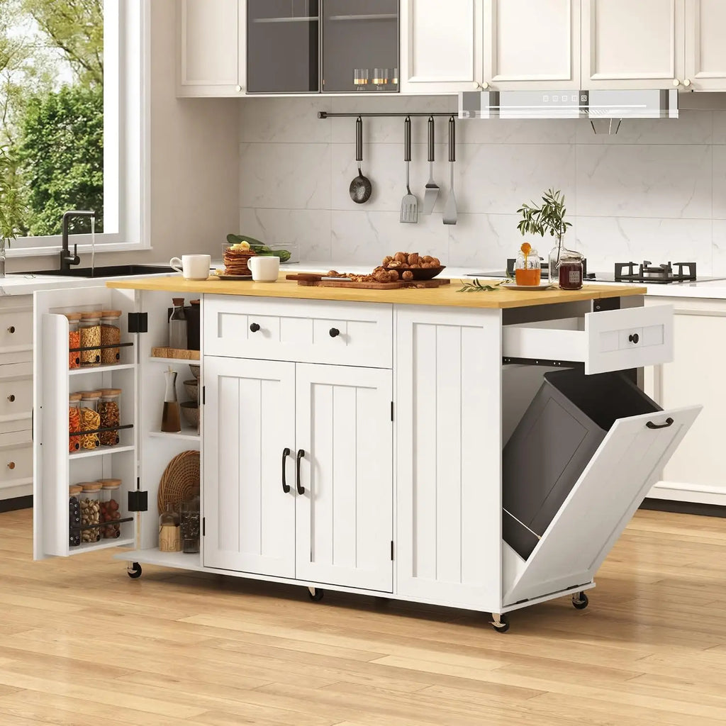 57" Rolling Kitchen Island With Power Outlet & Drop Leaf, Mobile Cart With Hidden Trash Cabinet & Towel Rack, Black, Customized