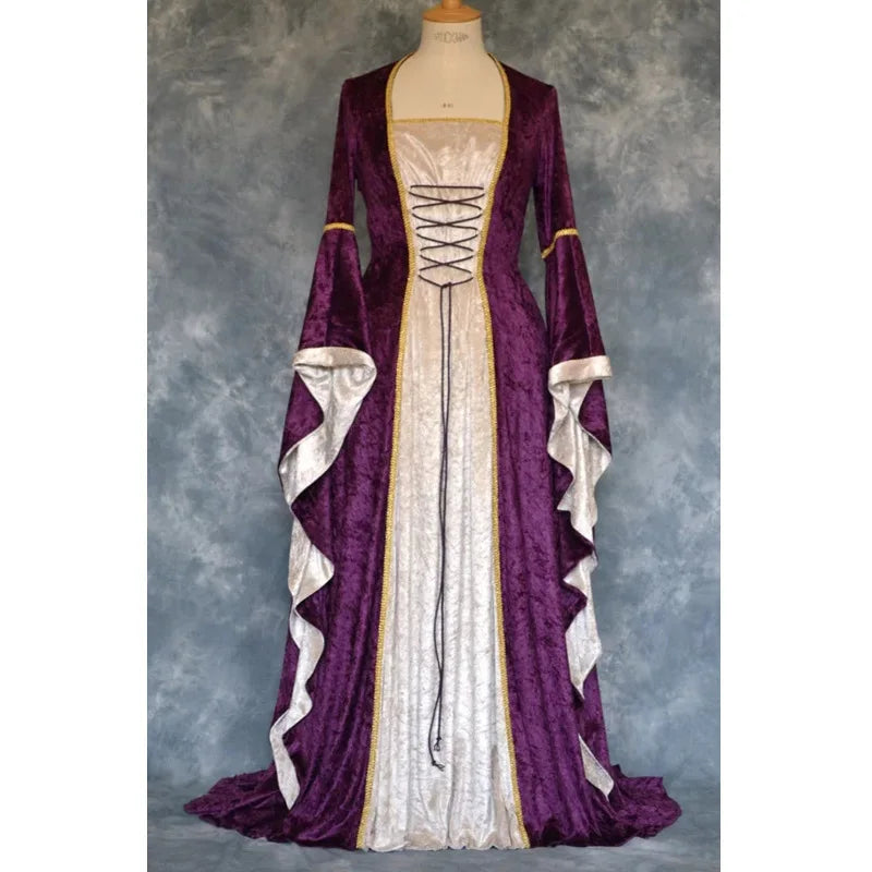 Halloween Women 3XL Plus Size Medieval Retro Court Princress Cosplay Costume Long Dress Elegant Witch Square Collar Masquerade