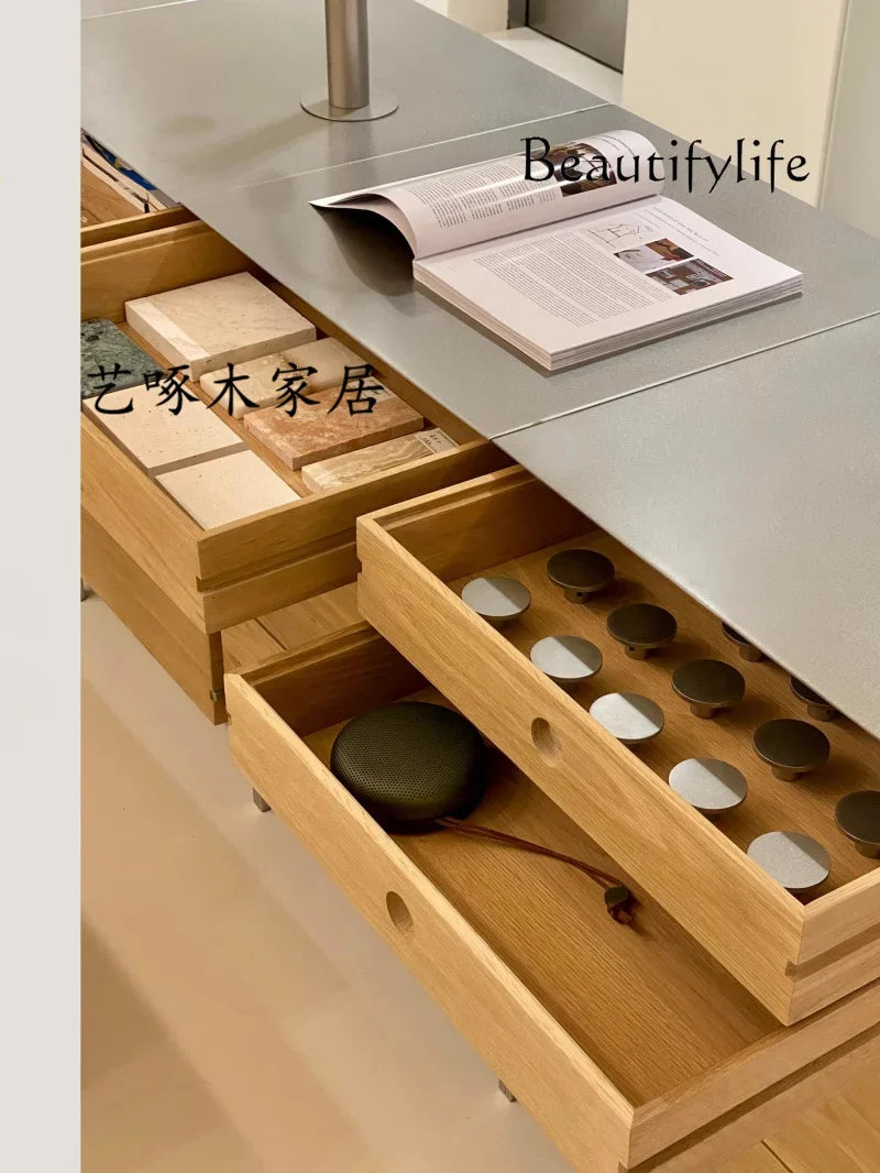 X Nordic Original Oak Chest Cabinet, Log Dining Side Storage Cabinet, Minimalist Stainless Steel Multi-functional Cabinet