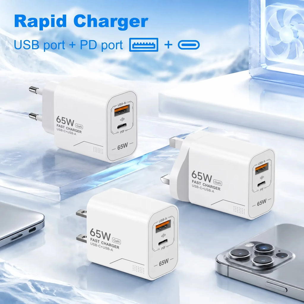 USB PD65W GaN Charger 2-Port Fast Charging Charger Type C High Speed Charge Mobile Phone Wall Adapter For Phone EU/US Charger