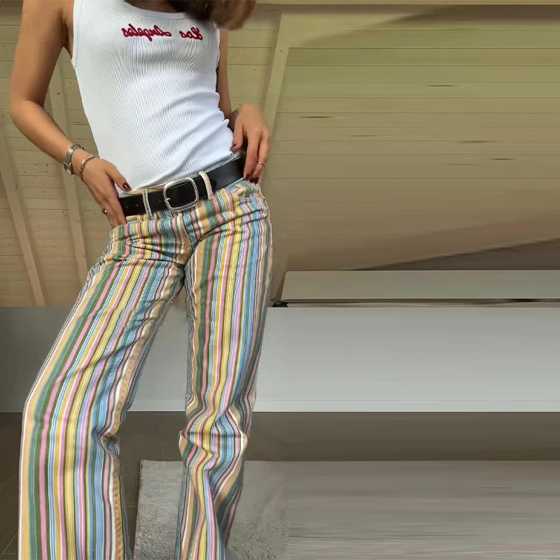 Women Striped Trousers Curved Knife Jeans  High Waist Contrasting Color Loose Versatile Casual Long Pants Women's Aladdin Pants