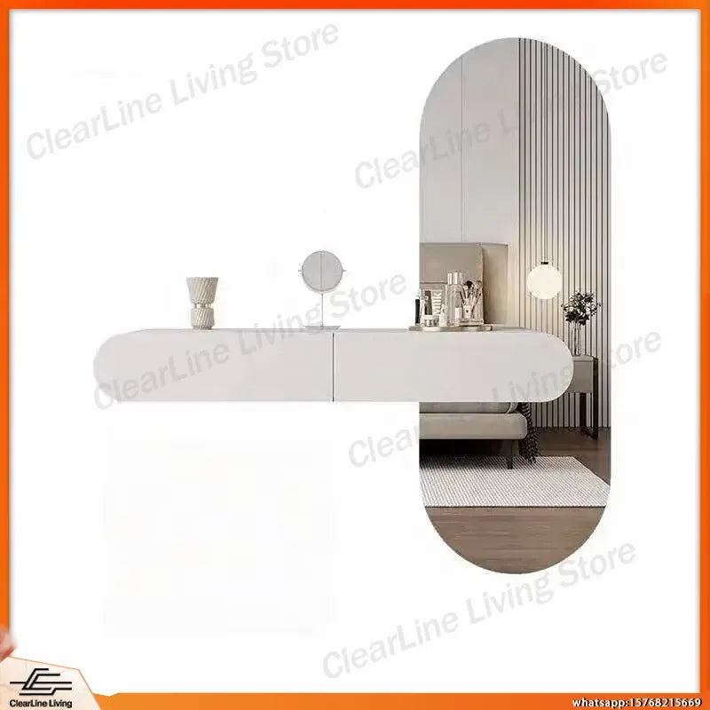 Cream Minimalist Wall Mounted Dressing Table with Mirror Suspended Vanity Desk for Bedroom Small Space Modern Makeup Table