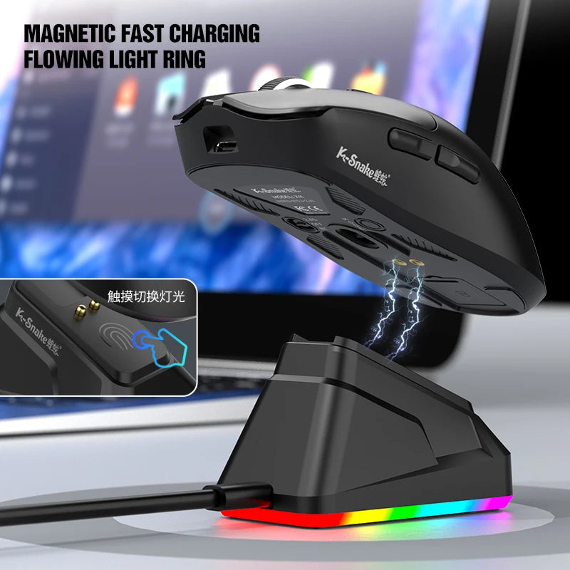 KEBIDUMEI X11 PAW3311 Tri-Mode Wireless Mouse 12000 DPI Gaming Mouse RGB Touch Magnetic Charging Base Bluetooth /2.4G/Wired Mice