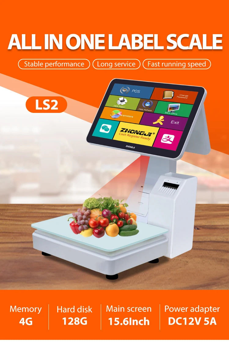 15.6 Inch   Touch Screen POS System All-in-One Fruit Shop Store Hotel Market AI Recognition  Label Scale