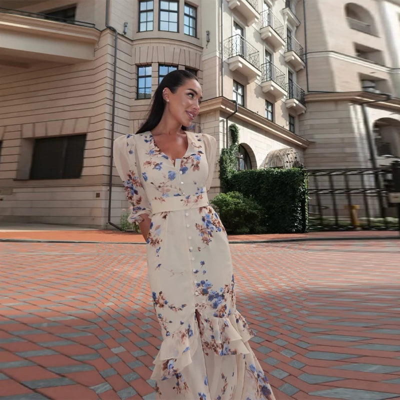Sexy Print Women Long Dress Urban V-neck Single Breasted Ruffles Half Sleeve Female Dresses 2026 Spring Autumn Lady Robe