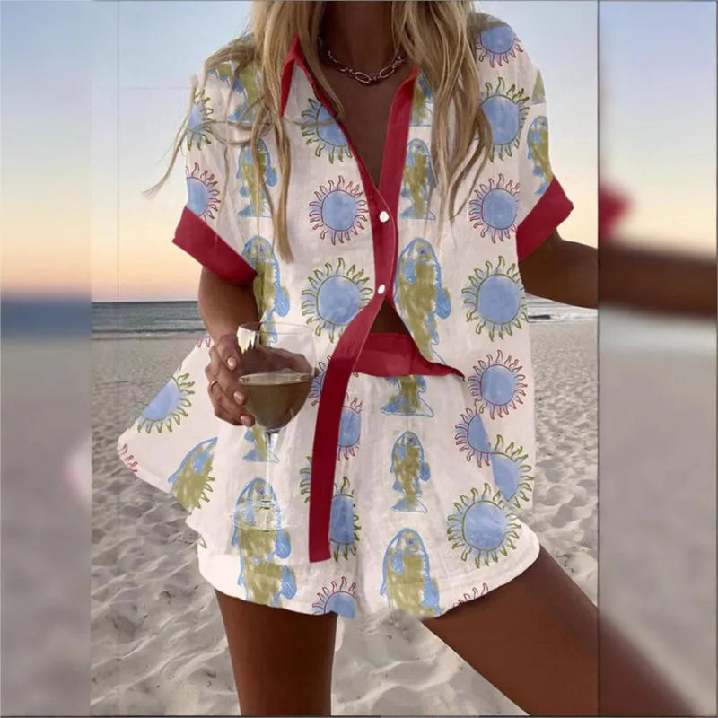 Fashion Print Beach Holiday 2 Piece Set Women Summer Short Sleeve Shirt Top Wide Legs Shorts Women's Oversize Two Piece Outfit