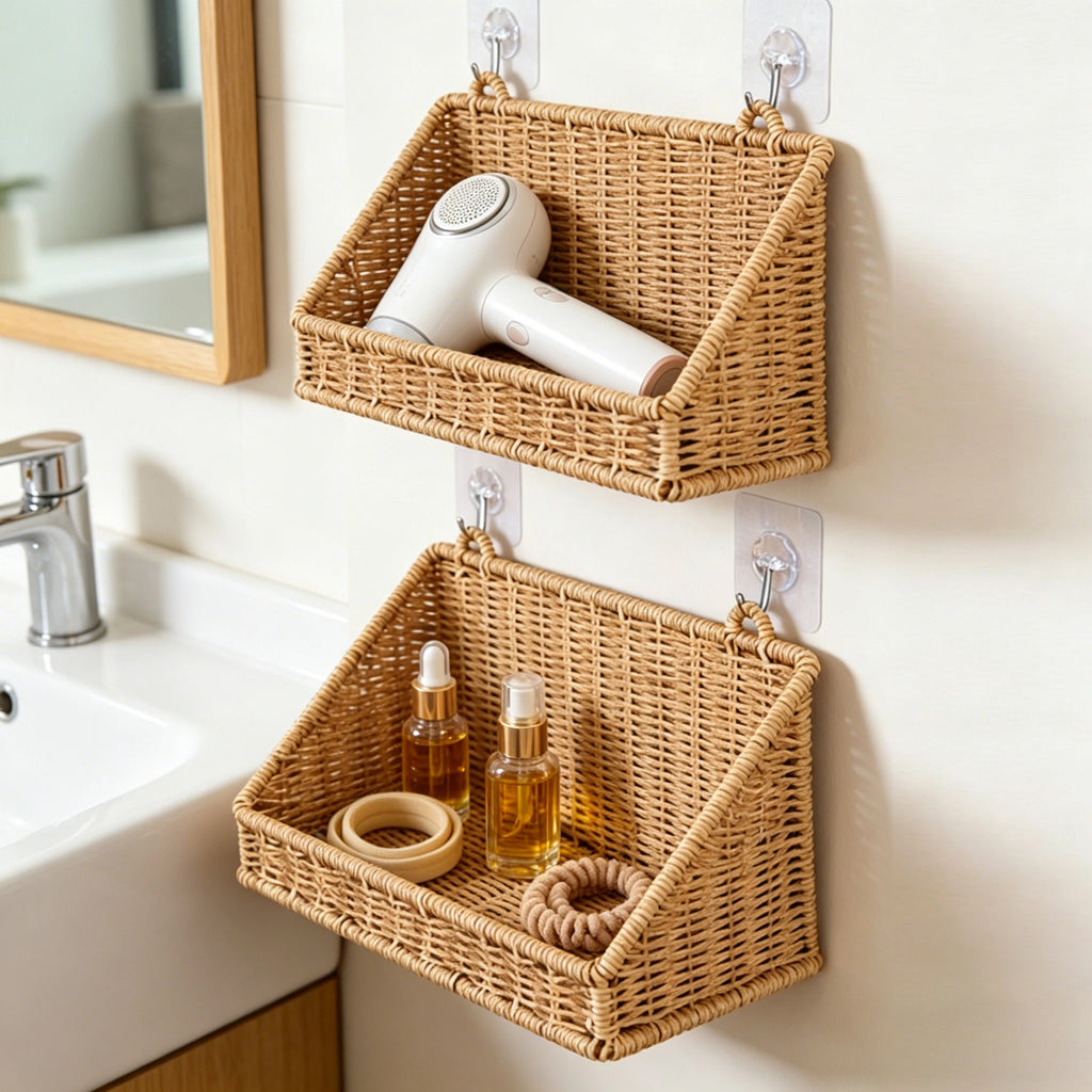 Woven Imitation Rattan Wall Mounted Storage Basket Slanted Shelf Organizer for Kitchen Living Room Bathroom Bedroom Balcony