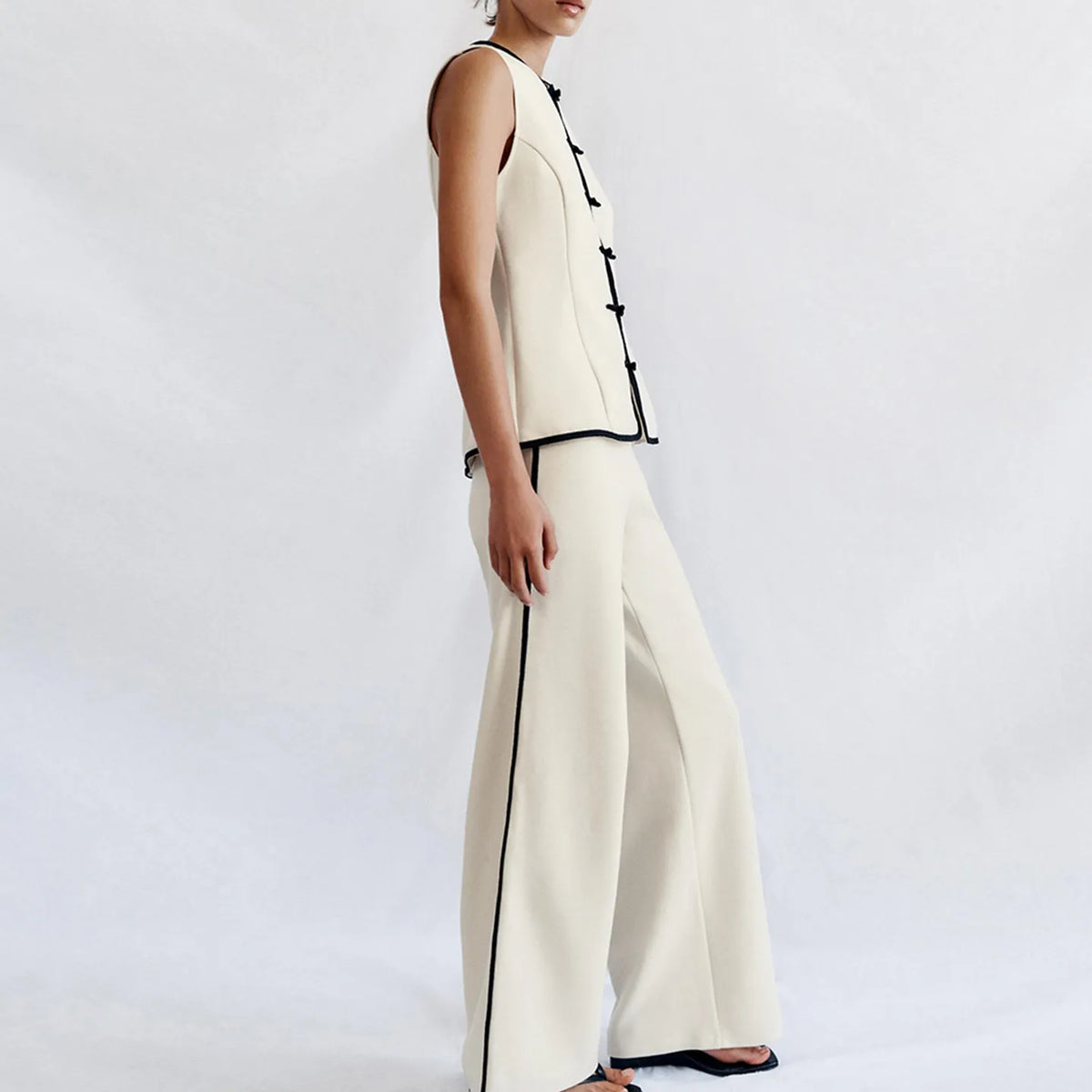 ZADATA Women's Summer Fashion Set round Neck Sleeveless Wide Leg Pants High Waist Color Block Design Top And Bottoms Ensemble