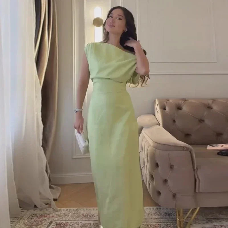 Elegant Off Shoulder Women's Dress Solid Sleeveless Oblique Collar Long Female Dresses 2026 Summer Fashion Lady Comfortable Robe