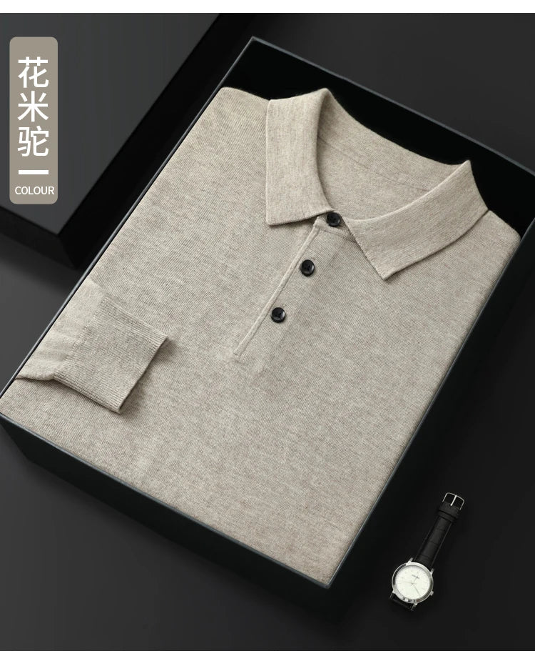 Men's Worsted Wool Kknit Pullover, Business Casual Polo Neck Sweater, Monochromatic Loose Top, Autumn and Winter Fashion, New