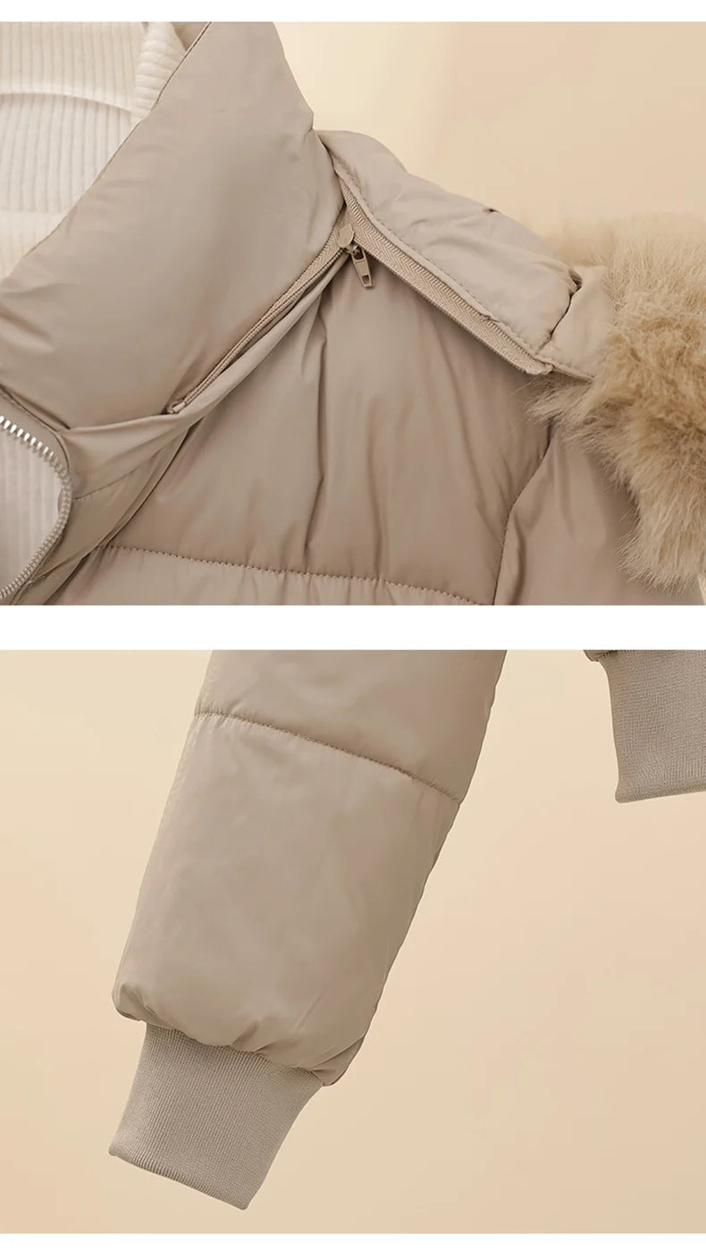 2025 Winter New Short Cotton Jackets Long Sleeve Loose Short Women's Parka Coats Hooded Big Fur Collar Down Cotton Padded Coats