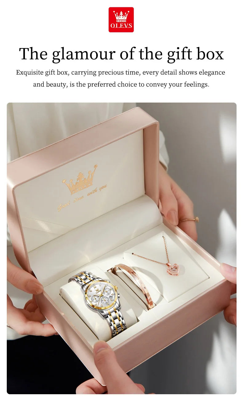 OLEVS 2858 New Womens Watch Original Multifunction Quartz Wristwatch Waterproof Luminous 24 Hours Gift Box Watch For Ladies