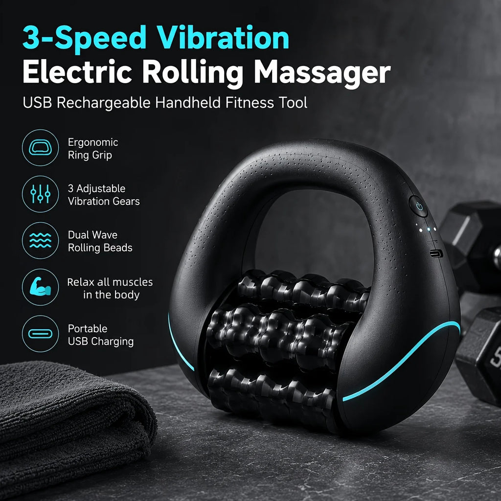 Electric Roller Percussion Hand Massager, Rechargeable Portable Tool for Shoulder, Back, Legs and Arms Relief