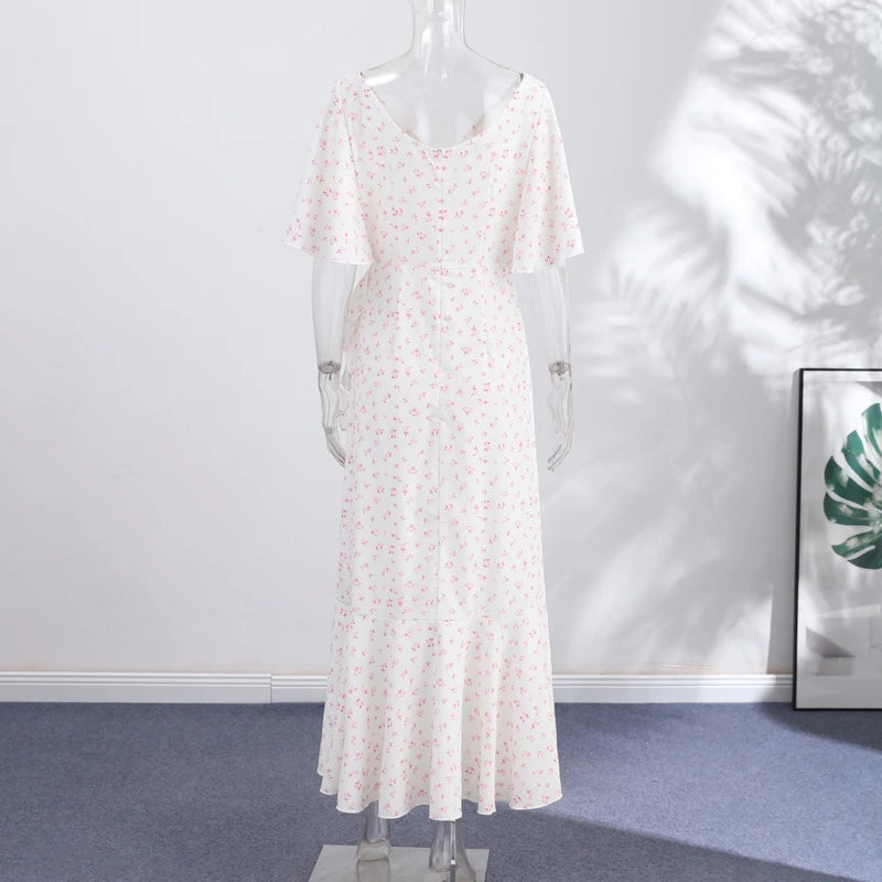 Elegant Print Women Long Dress Chic Ruffle Pleated Short Sleeve V-neck Waist-Closed Female Dresses 2026 Summer Beach Lady Robe
