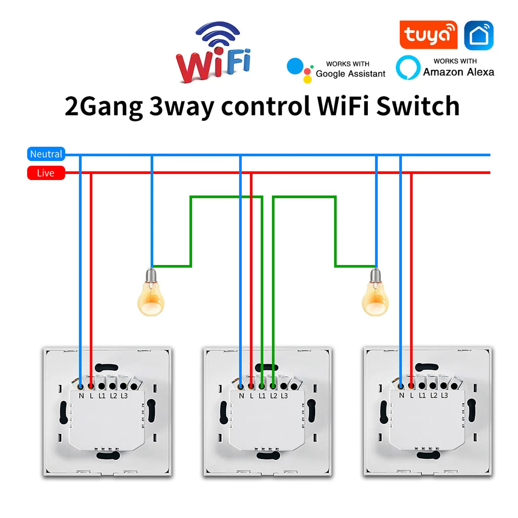 3way Wifi Switch 1/2/3gang Touch Light Switches With Tempered Glass Support Tuya Smart Life APP Voice Control For Stairs Bedroom