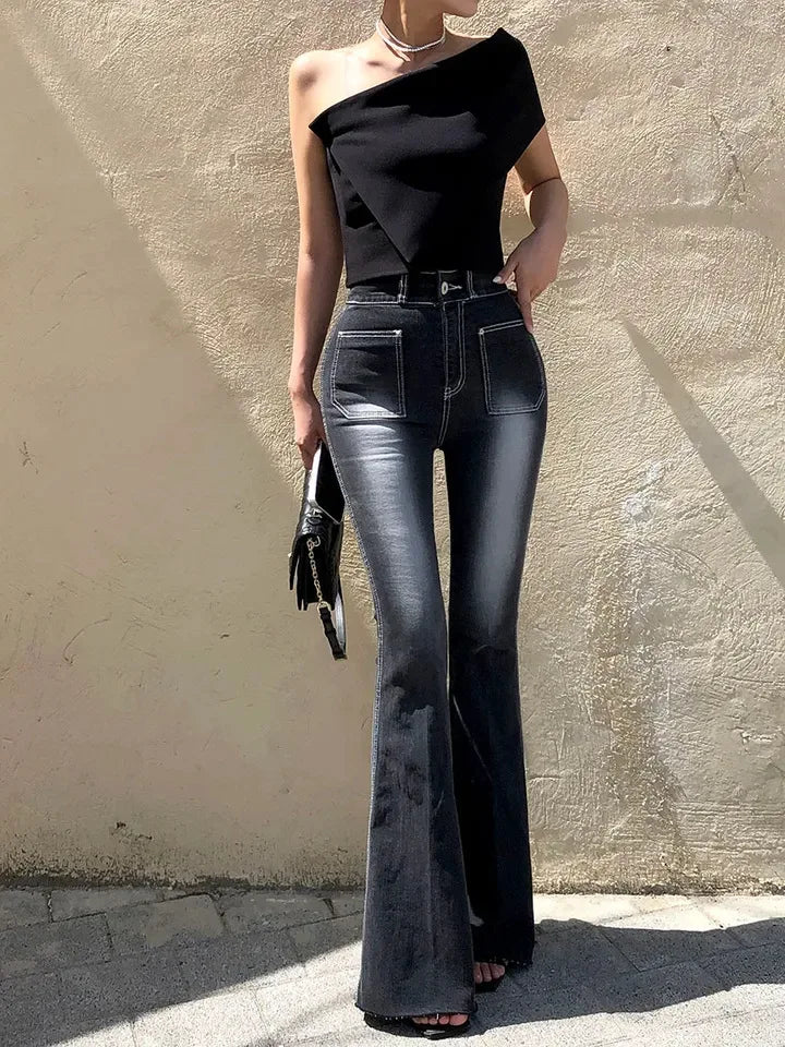 Women Denim Jeans Flare Slim Washed Autumn Winter New High Street Wide Leg Stright High Waist Trousers Long Pants Vintage Casual