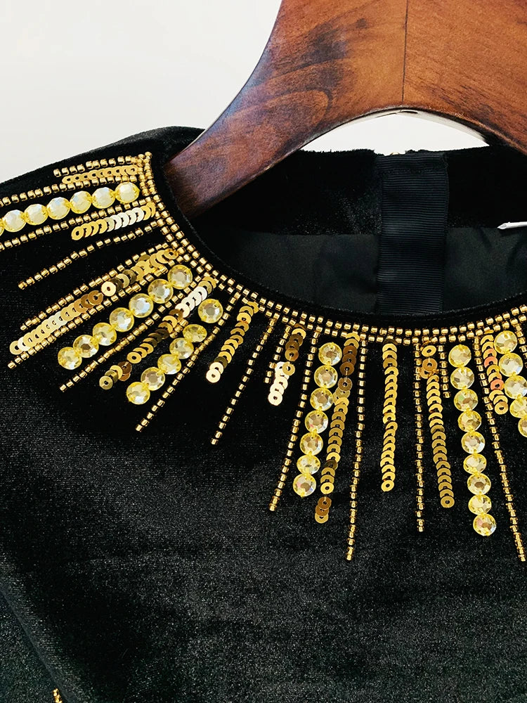 HIGH STREET Newest 2026 Designer Fashion Women's Long Sleeve Stunning Sequined Rhinestone Diamonds Beaded Velvet Dress
