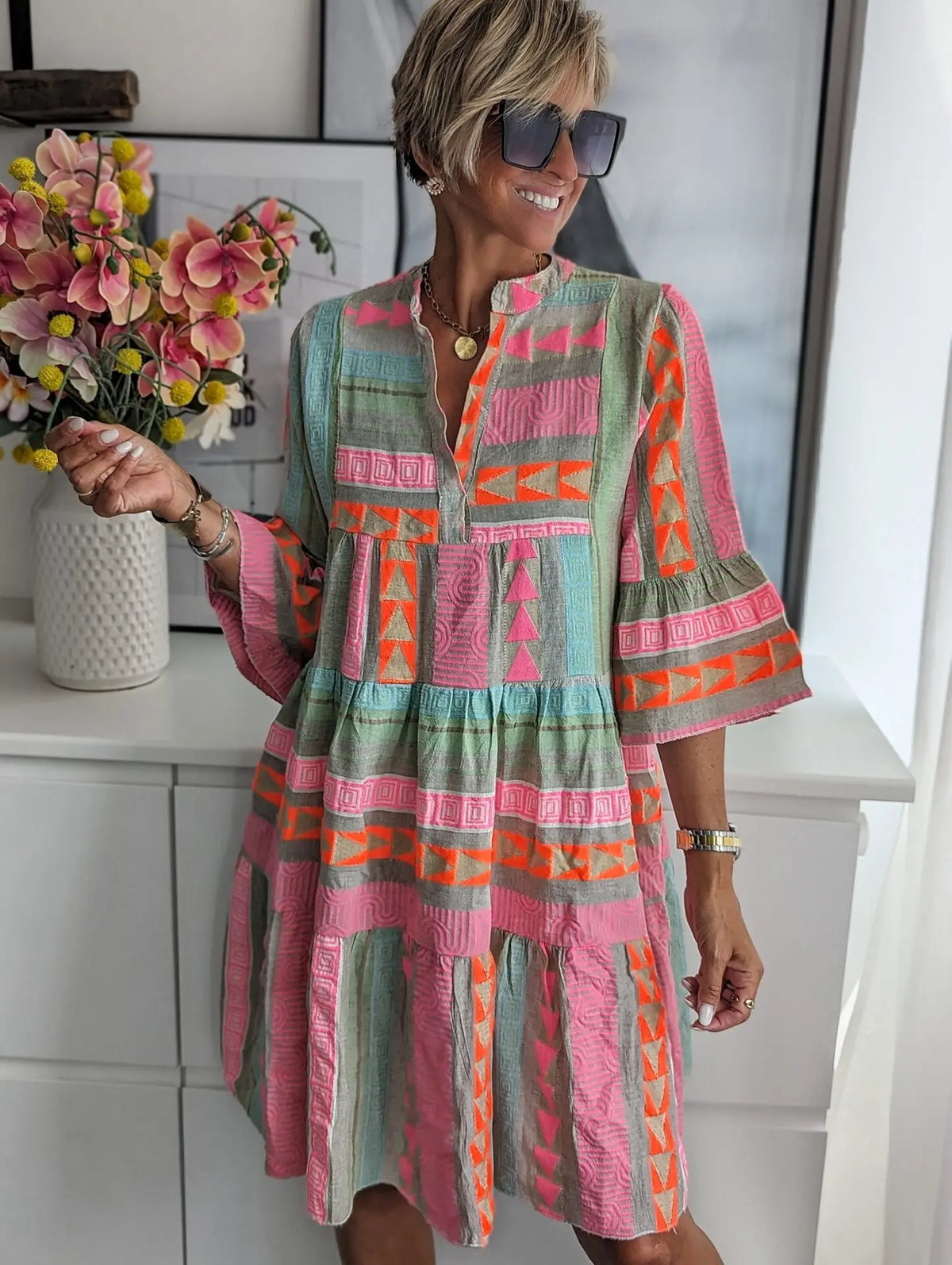 FL New Cotton and Linen Material Printed V-neck Seven Quarter Sleeve Dress Leisure Comfortable Knee-length Skirt
