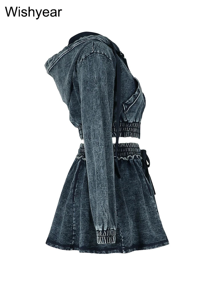 Women’s 2 Piece Denim Mini Skirt Set Long Sleeve Zip-Up Hooded Jacket and High Waist Flare Short Skirt Jean Casual Streetwear