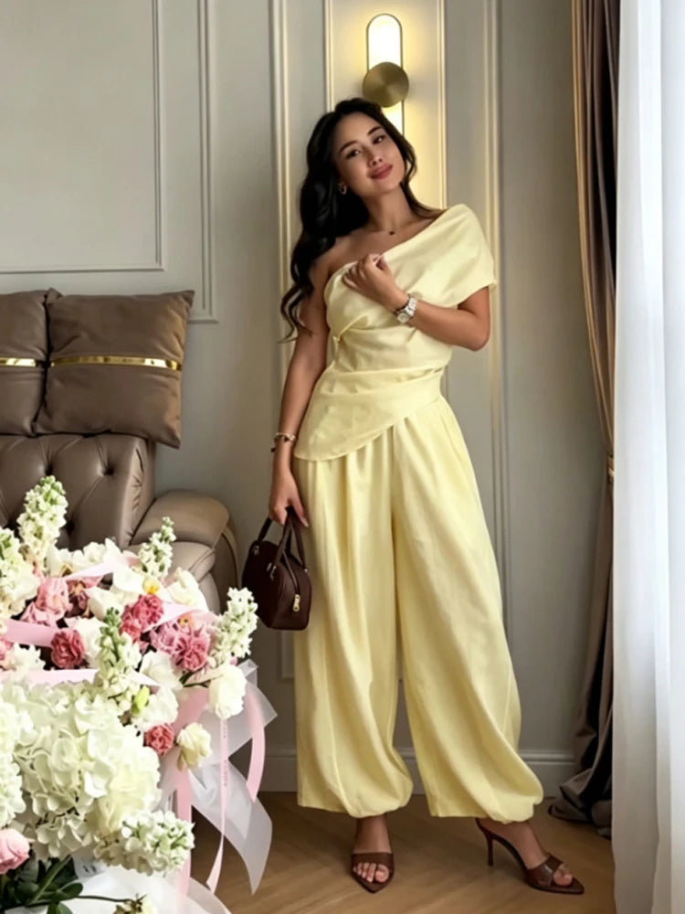 Solid One Shoulder Top Lantern Pants Set Women Chic Cotton Linen T-shirt Wide-leg Pants Suit Elegant Lady Summer Daily Outfits