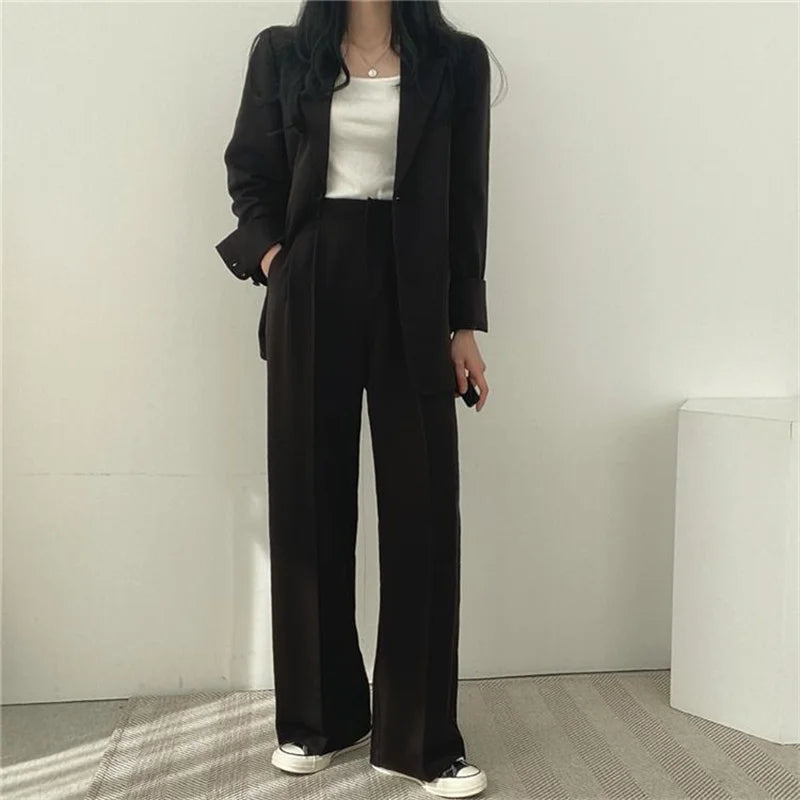 2026 Female Solid Color Blazer 2PCS Autumn Women Lapel Tops High Waist Outfit Korean Ladies Long Sleeves Suit Wide Leg Pants