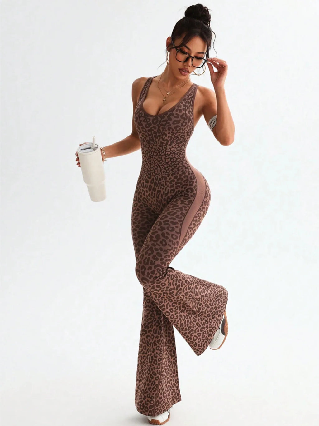 Women Leopard Print Cross Back Flared Jumpsuit Seamless Butt Lifting Yoga Bodysuit High Elastic Workout Fitness Sports Jumpsuit