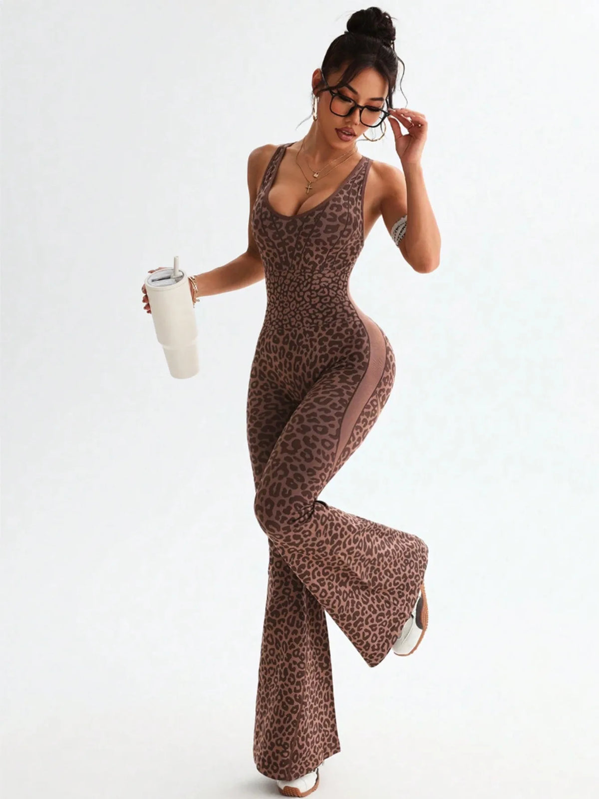 Women Leopard Print Cross Back Flared Jumpsuit Seamless Butt Lifting Yoga Bodysuit High Elastic Workout Fitness Sports Jumpsuit