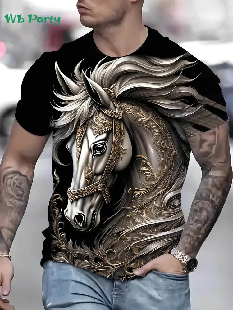 New Horse T-Shirts for Men Summer Outdoor Men Short Sleeve Animal Print Breathable Men's Clothing Fashion Round Neck Men's Tops