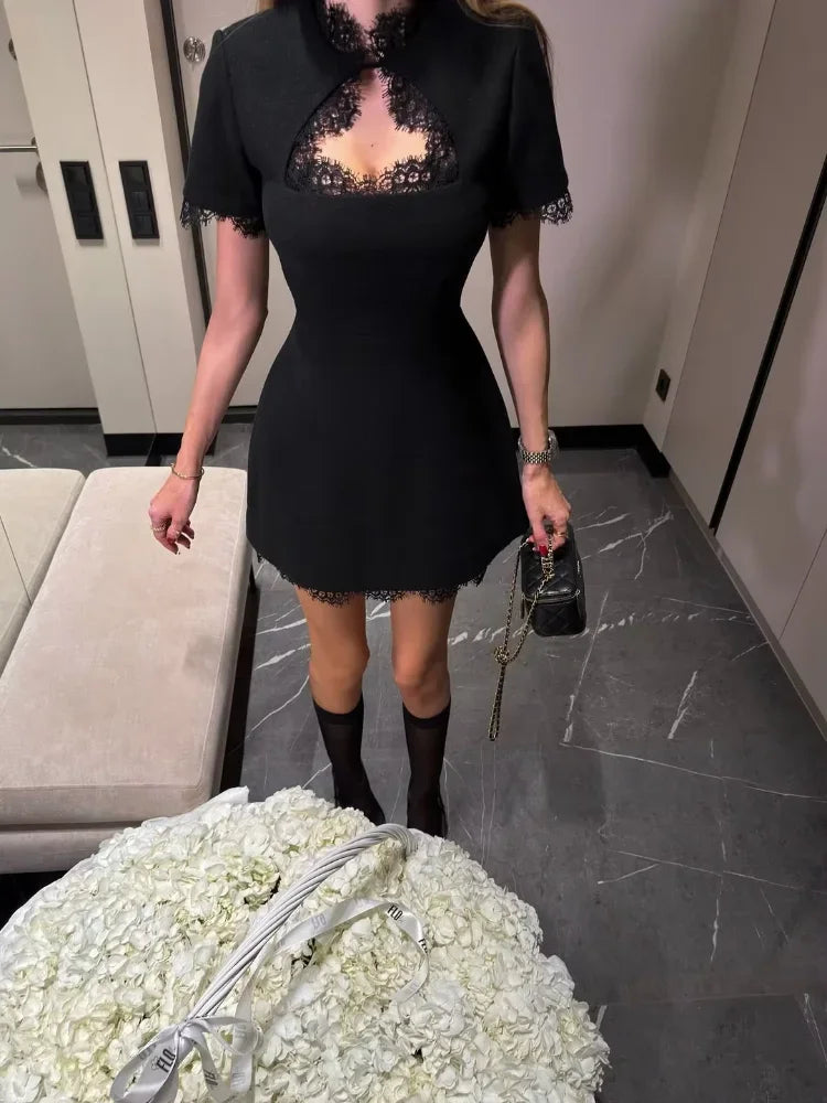 Black Lace Trim Hollow Out Mini Dress Women A-line Turtleneck Waist Cinched Short Sleeve Vestidos 2026 Lady Daily Party Gown