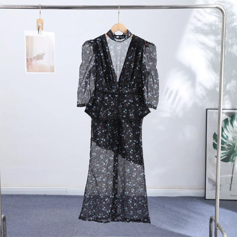 Elegant Printed Women's Dress V-neck Front Split Waist-closed Sashes Wrist Sleeve Gauze Dresses 2026 Summer Chic Female Robe