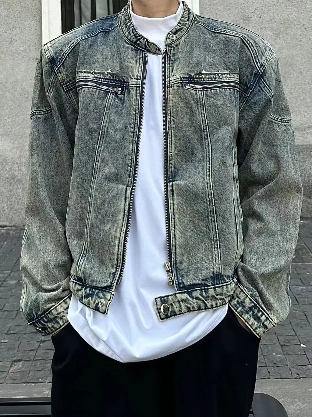 American Vintage Washed Cropped Denim Jacket, Metal Collarless Jacket For Men