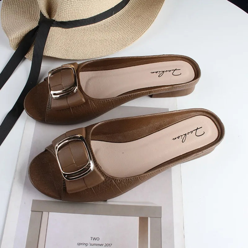 Summer Women Square Buckle Open-Toe Slippers Single Strap Flat Sandals Lady Solid Color Outdoor Beach Shoes Adult Casual Sandals